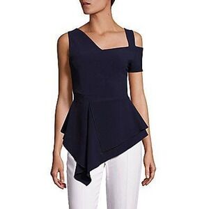Antonio Berardi Navy Blue Asymmetrical Peplum Cold Shoulder Blouse Top Size 46